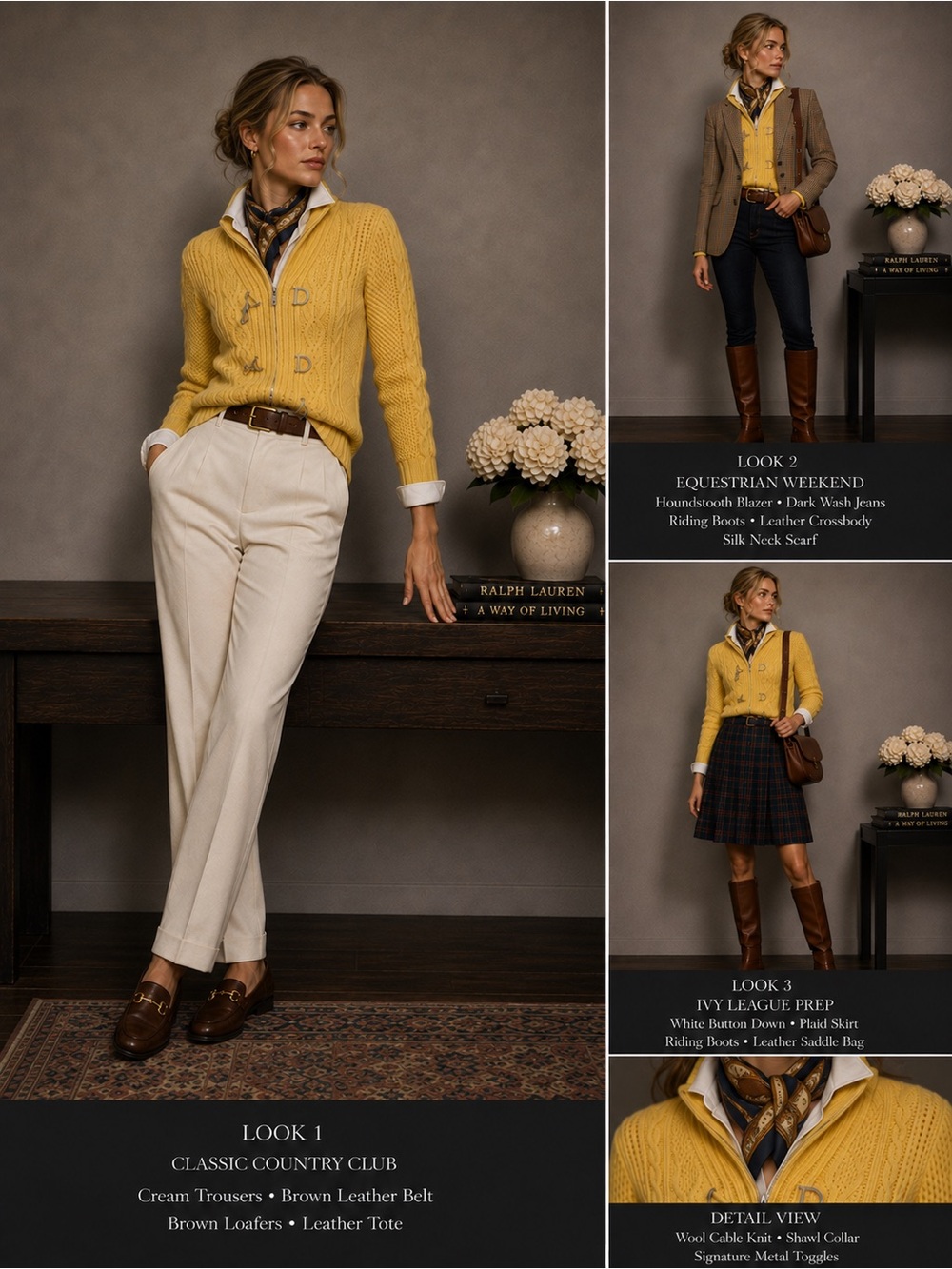 Lauren Ralph Lauren Yellow Cable Knit Cardigan Sweater L 100% Cotton Toggle Zip